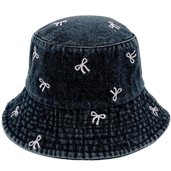 Accessories - NWT Black Denim Bucket Hat with Embroidered Bow Casual Chic Streetwear